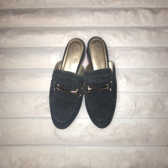 Gold and Black Mules with Metal Accent CLAIRE FLOWERS   Jayme in Black Leather - Picture 2 of 8